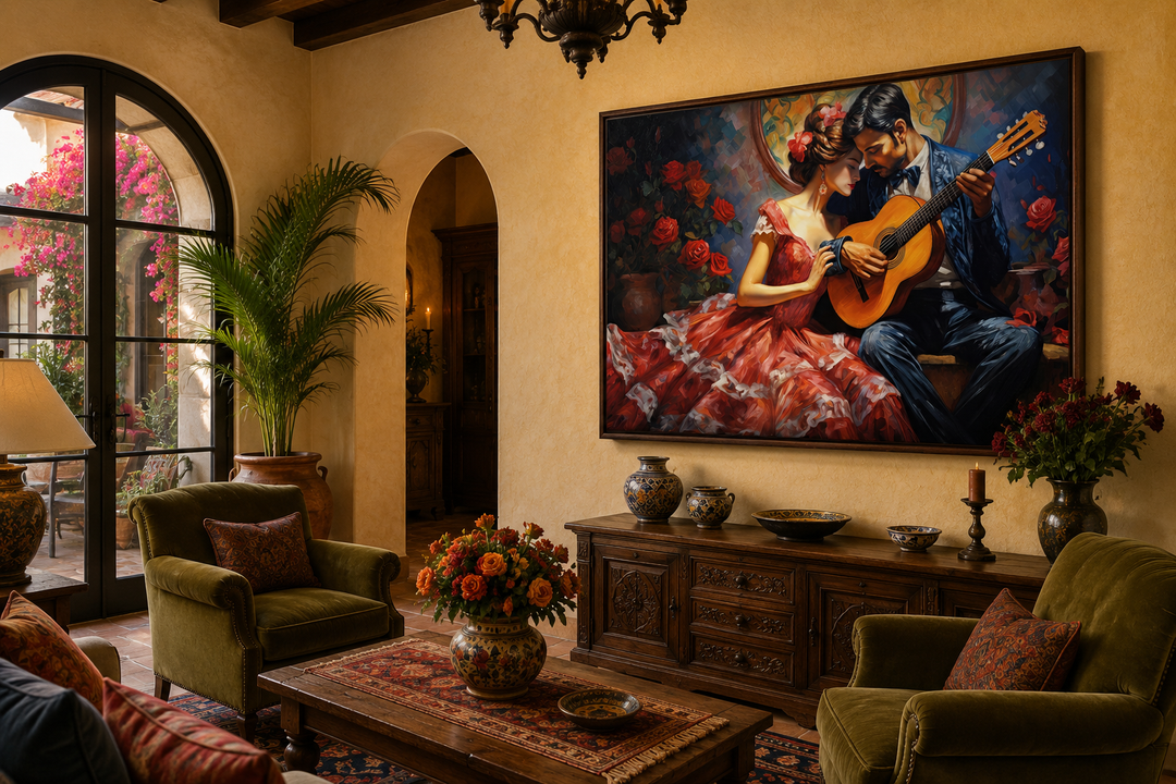 Romantic couple with guitar traditional Mexican framed canvas wall art in a warm living room.