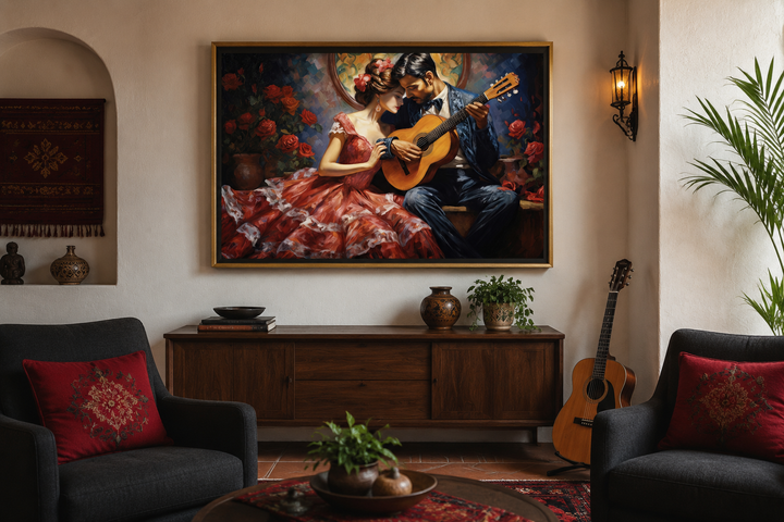 Framed canvas wall art of a romantic couple with a guitar in a traditional Mexican style.