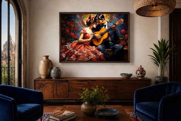 Romantic couple with guitar traditional Mexican framed canvas wall art in a stylish living room.