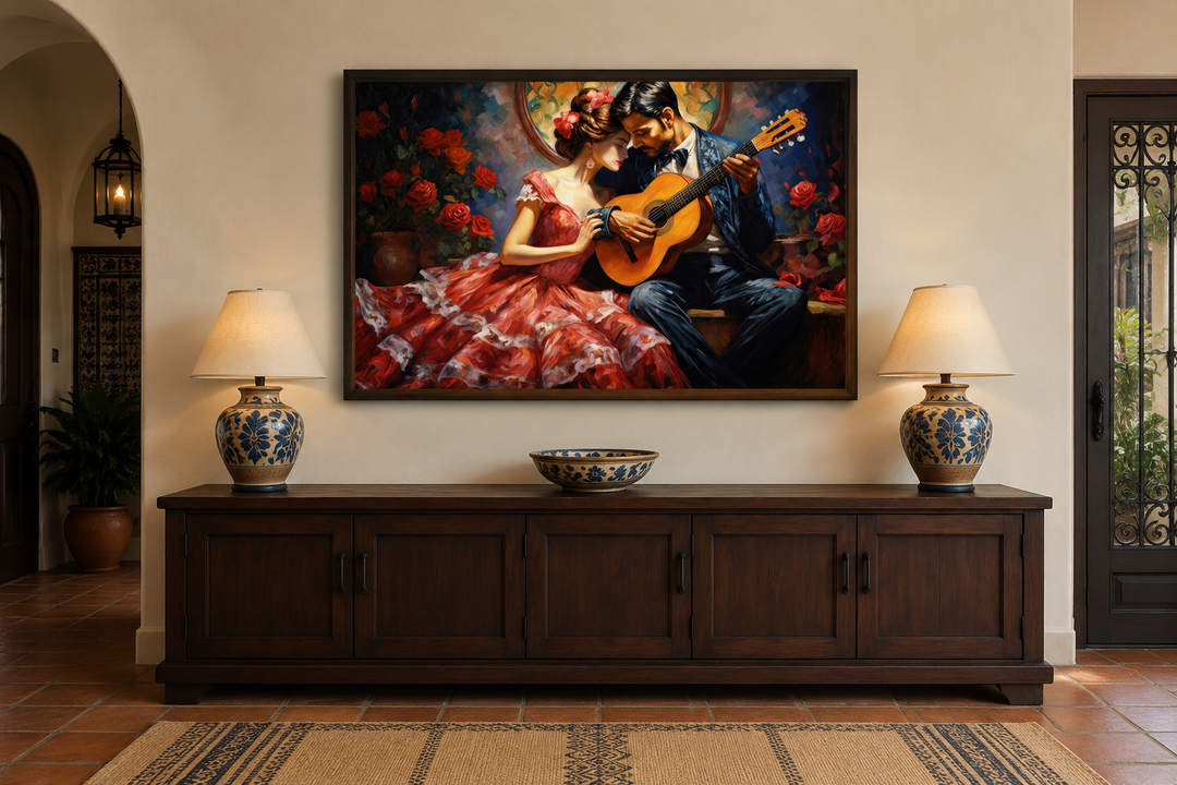 Romantic Couple With Guitar Traditional Mexican Framed Canvas Wall Art above a dark wood sideboard.