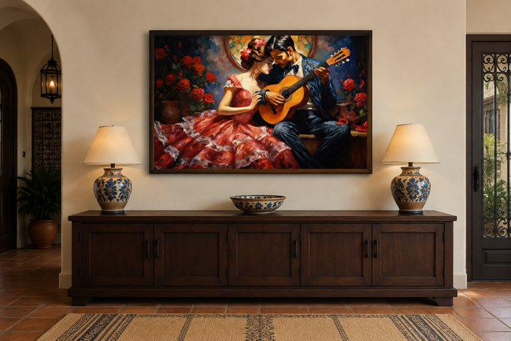 Romantic Couple With Guitar Traditional Mexican Framed Canvas Wall Art above a dark wood sideboard.