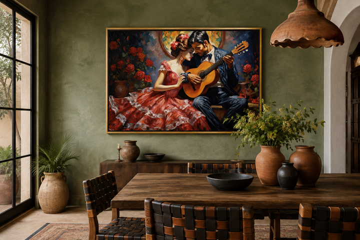 Framed canvas wall art of a romantic couple with a guitar in a rustic Mexican-style dining room.