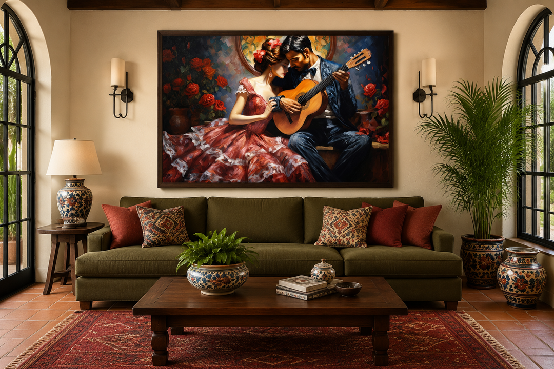 Framed canvas wall art of a romantic couple with a guitar in a traditional Mexican style.