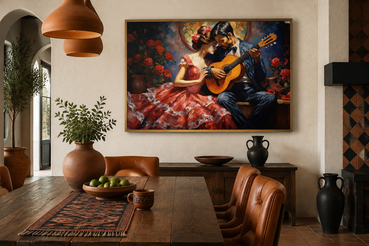 Romantic Couple With Guitar Traditional Mexican Framed Canvas Wall Art in a rustic dining room.