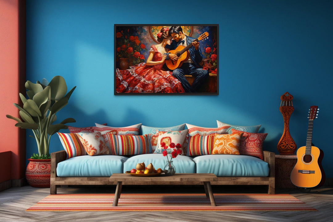 Romantic Couple With Guitar Traditional Mexican Framed Canvas Wall Art above a blue sofa.
