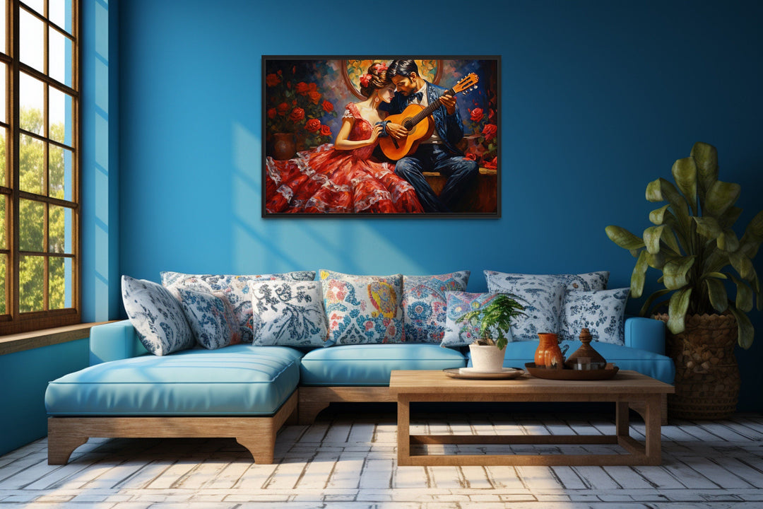 Romantic Couple With Guitar Traditional Mexican Framed Canvas Wall Art in a blue living room.