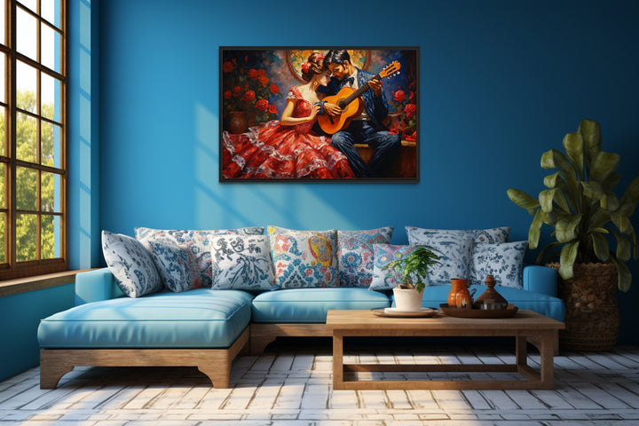 Romantic Couple With Guitar Traditional Mexican Framed Canvas Wall Art in a blue living room.