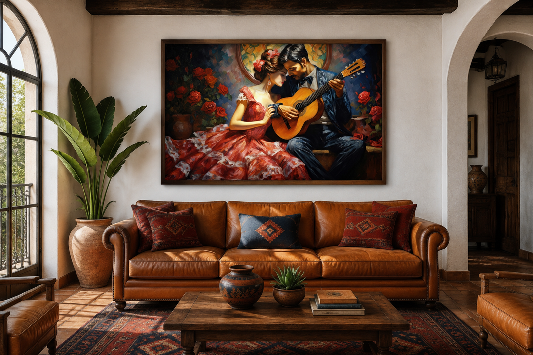 Romantic couple with guitar traditional Mexican framed canvas wall art above a leather sofa.