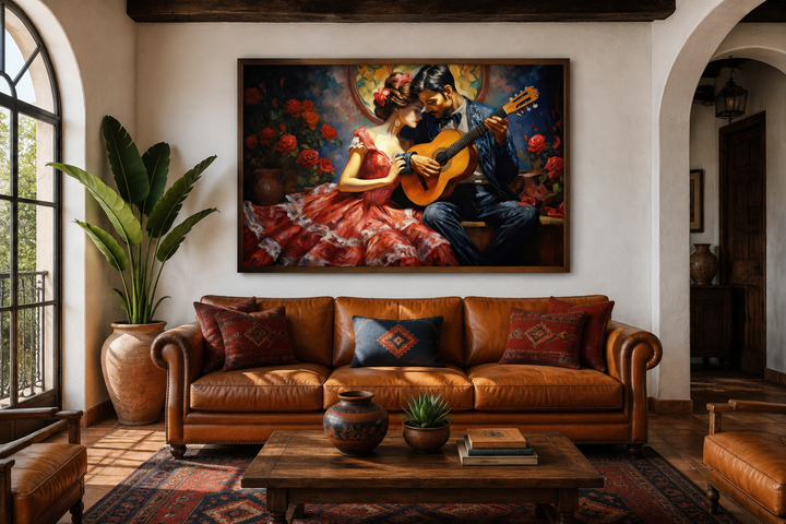 Romantic couple with guitar traditional Mexican framed canvas wall art above a leather sofa.