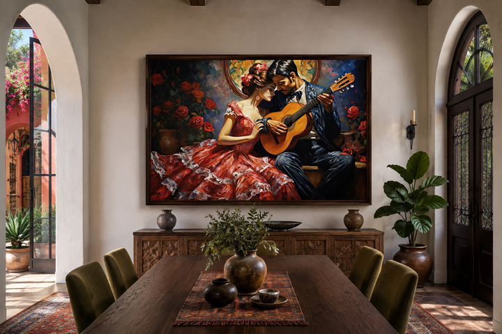 Traditional Mexican framed canvas art of a romantic couple with a guitar in a rustic dining room.