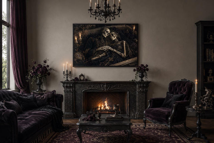 Romantic gothic skeleton couple canvas artwork hanging above a fireplace in a moody living room.