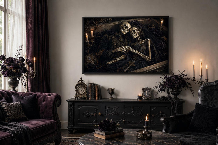 Romantic gothic skeleton couple canvas art hanging in a moody, dark-themed living room.