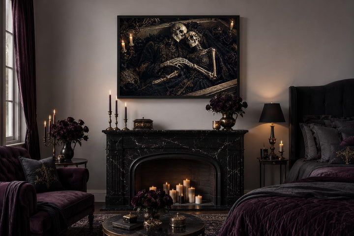 Gothic canvas art of an embracing skeleton couple in a coffin above a black marble fireplace.