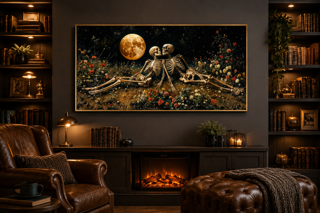 Romantic gothic wall art of two skeletons in a floral meadow under a full moon above a fireplace.