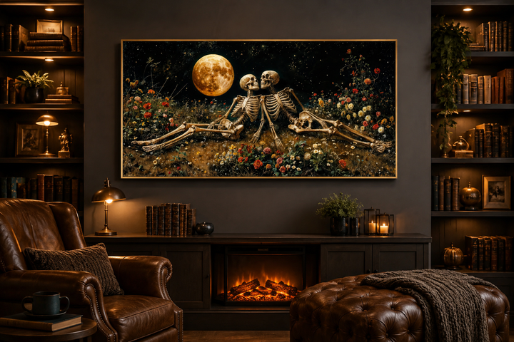 Romantic gothic wall art of two skeletons in a floral meadow under a full moon above a fireplace.