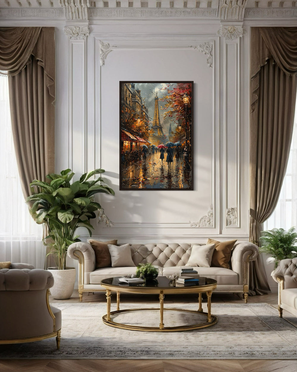 Romantic Paris Street In Rain With Eiffel Tower Framed Canvas Wall Art