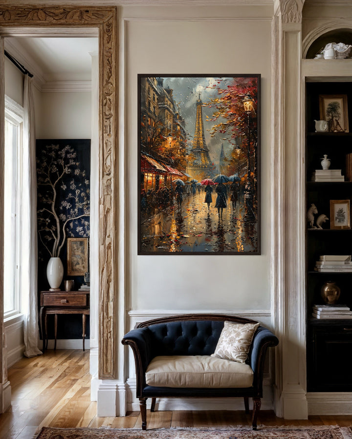 Romantic Paris Street In Rain With Eiffel Tower Framed Canvas Wall Art