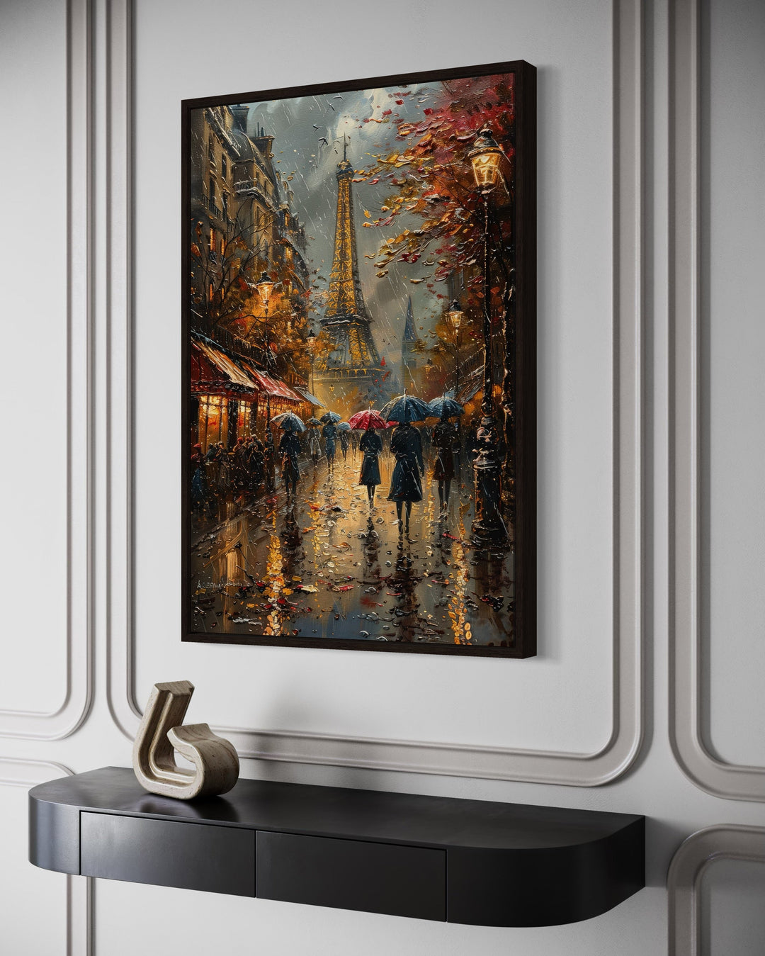 Romantic Paris Street In Rain With Eiffel Tower Framed Canvas Wall Art