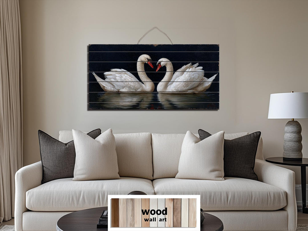 Romantic Swans Couple Distressed Wood Wall Art