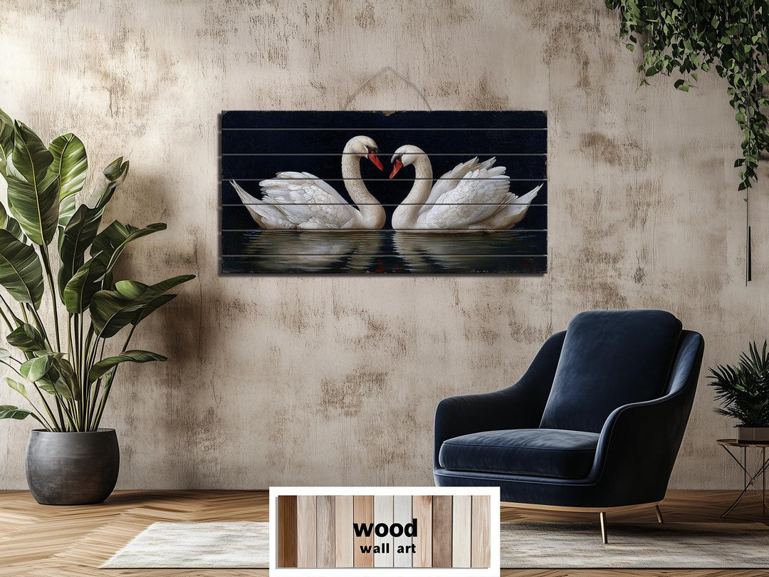 Romantic Swans Couple Distressed Wood Wall Art
