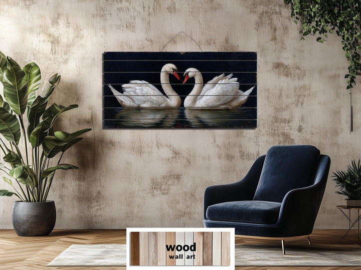 Romantic Swans Couple Distressed Wood Wall Art