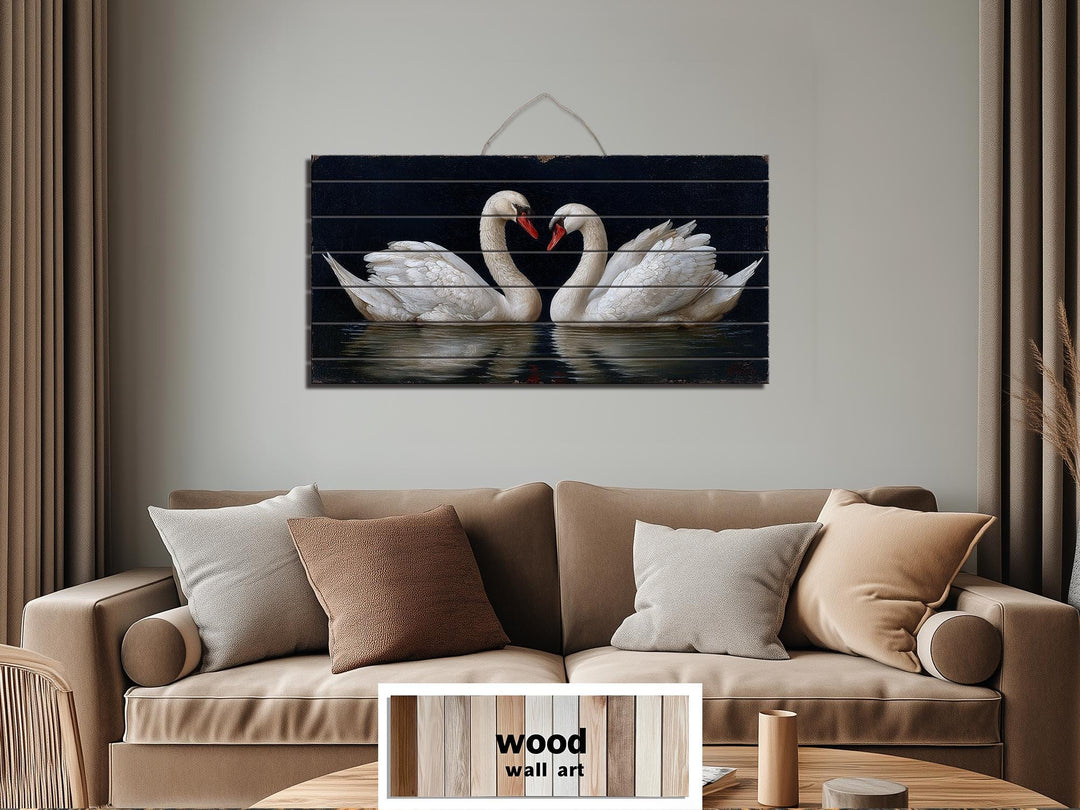 Romantic Swans Couple Distressed Wood Wall Art