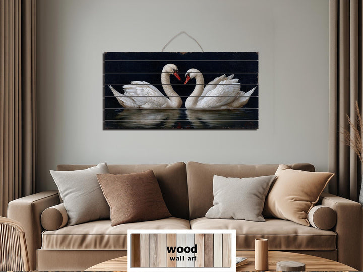 Romantic Swans Couple Distressed Wood Wall Art