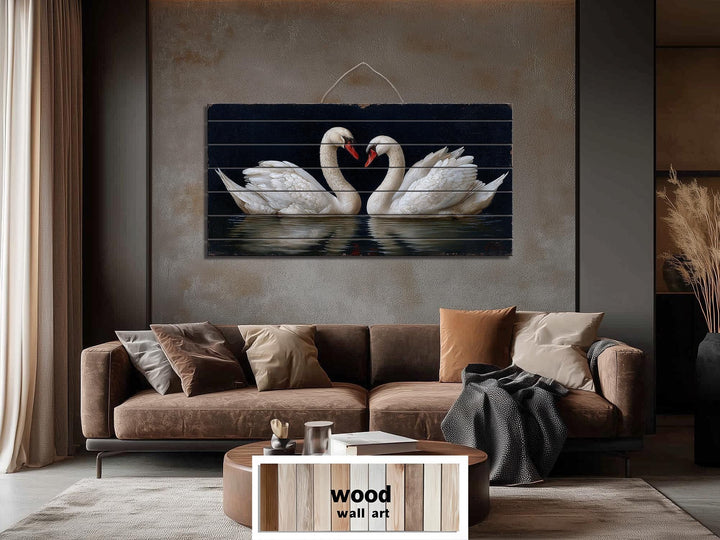 Romantic Swans Couple Distressed Wood Wall Art