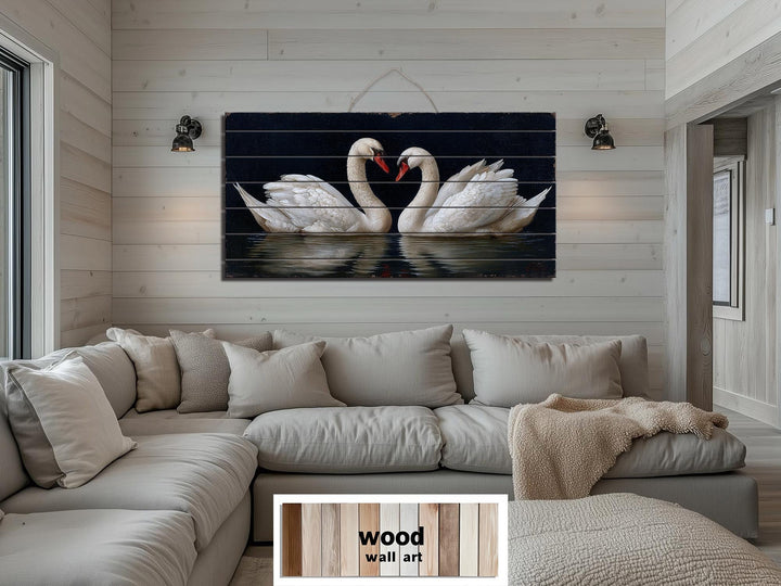 Romantic Swans Couple Distressed Wood Wall Art