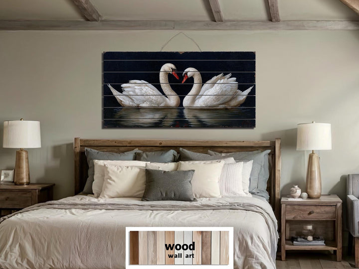 Romantic Swans Couple Distressed Wood Wall Art
