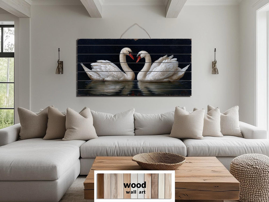 Romantic Swans Couple Distressed Wood Wall Art