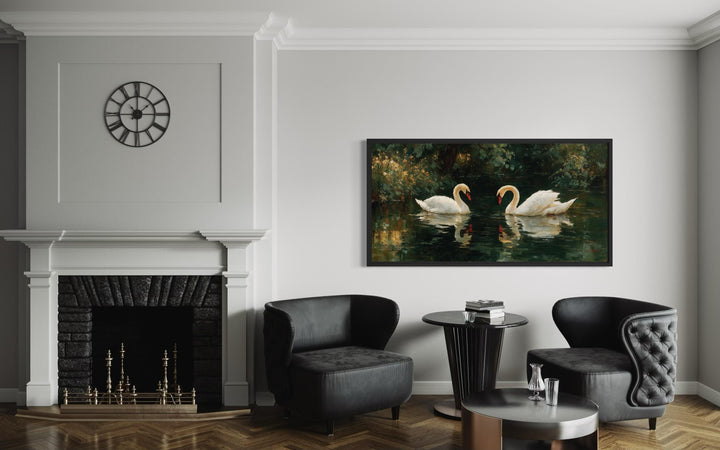 Romantic Swans Couple In The Lake canvas wall art displayed in a modern living room.