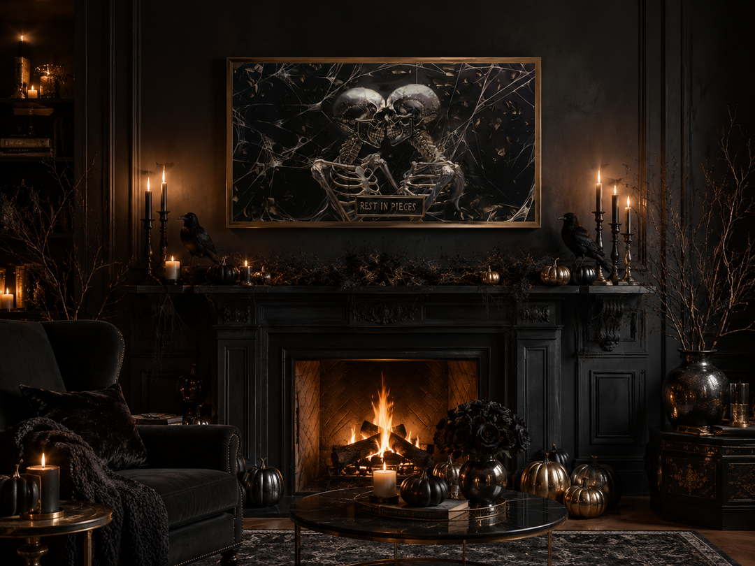 Gothic framed painting of two skeletons kissing with a Rest In Pieces plaque above a fireplace.