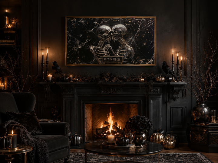 Gothic framed painting of two skeletons kissing with a Rest In Pieces plaque above a fireplace.