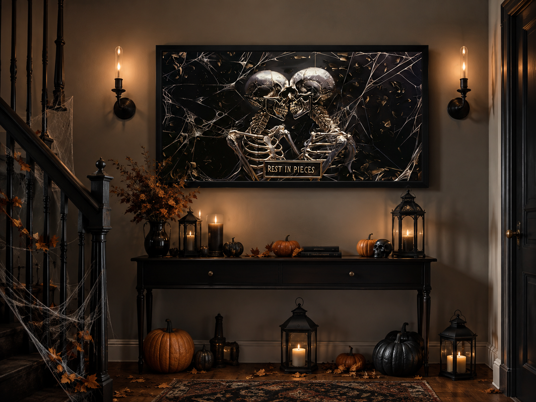 Framed gothic wall art of two skeletons with a "Rest In Pieces" plaque in a Halloween setting.