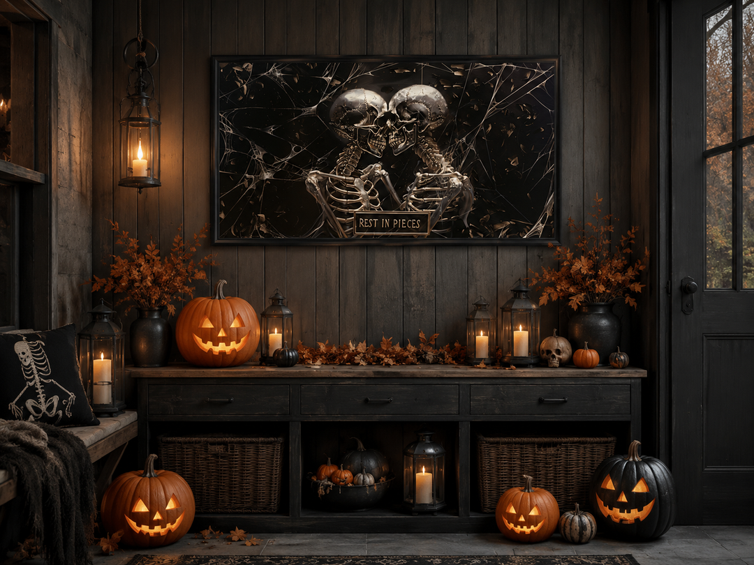 Gothic wall art of two skeletons with a Rest In Pieces plaque in a spooky Halloween room setting.