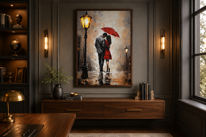 Framed canvas wall art of a couple under a red umbrella in the rain, hung in a dark office.
