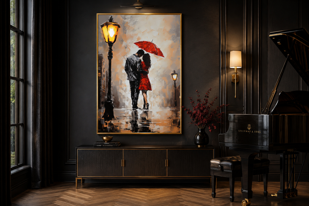 Framed canvas wall art of a couple under a red umbrella in the rain, hung in a dark modern room.