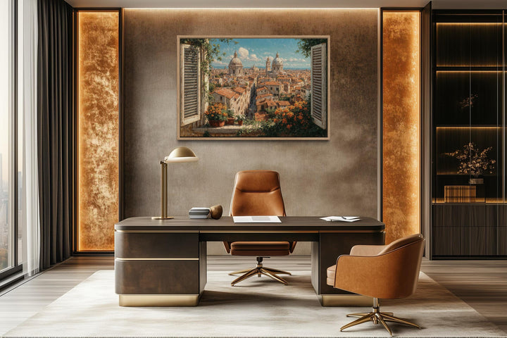 Rome Skyline Window View Canvas Wall Art depicting a sunlit Italian cityscape in a modern office.