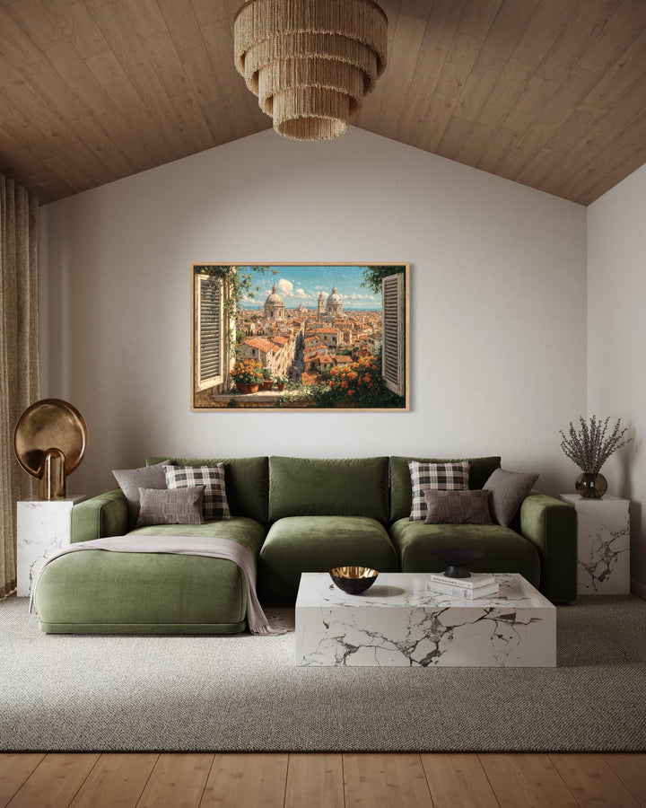 Rome Skyline Window View Canvas Wall Art displayed above a green sofa in a modern living room.