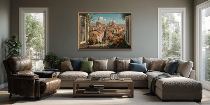 Rome Skyline Window View Canvas Wall Art displayed above a modern sectional sofa in a living room.