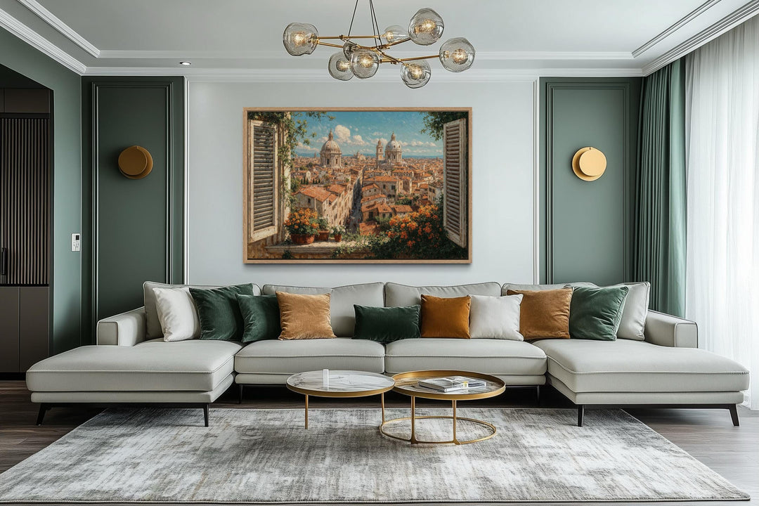 Rome Skyline Window View Canvas Wall Art displayed above a modern sofa in a stylish living room.