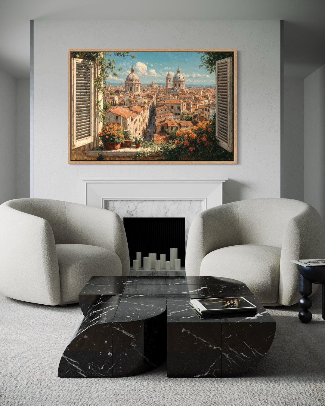 Rome Skyline Window View Canvas Wall Art displayed above a fireplace in a modern living room.