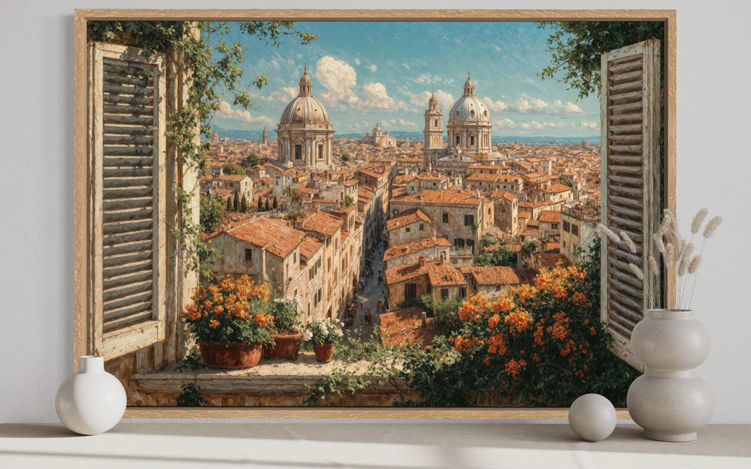 Rome skyline window view canvas wall art featuring terracotta rooftops and historic domes.