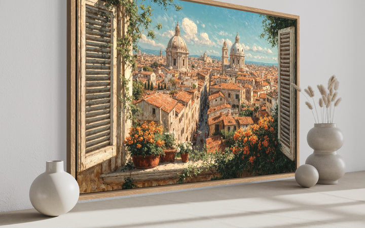 Rome skyline window view canvas wall art featuring a sunlit cityscape with terracotta rooftops.