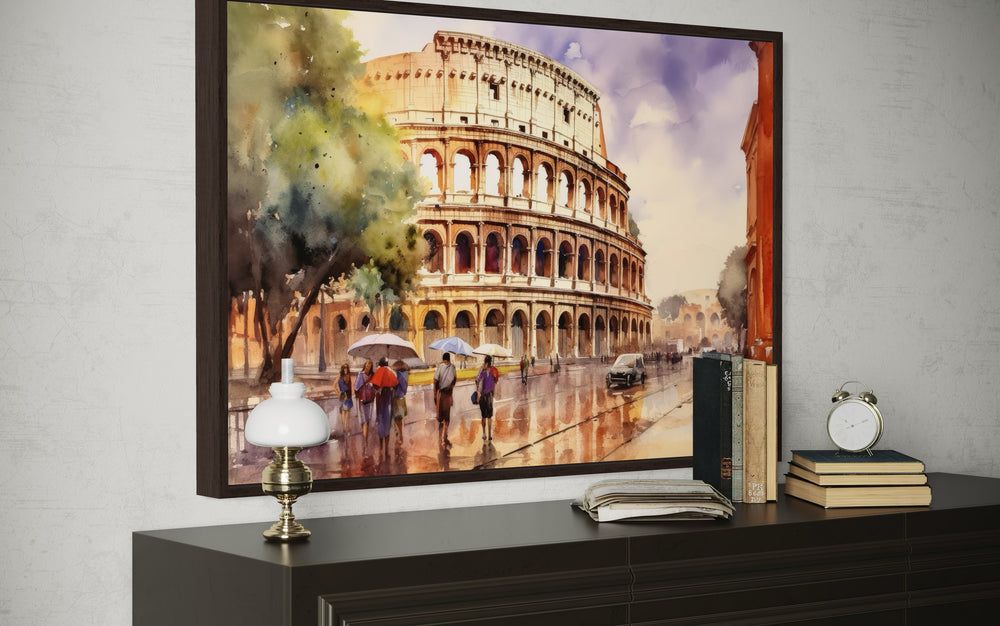 Rome Street With The Colosseum Vintage Framed Canvas Wall Art