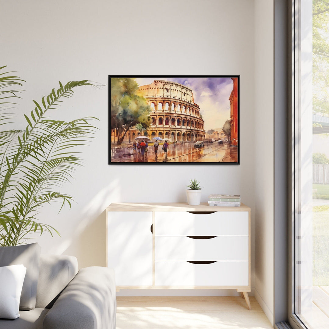 Rome Street With The Colosseum Vintage Framed Canvas Wall Art