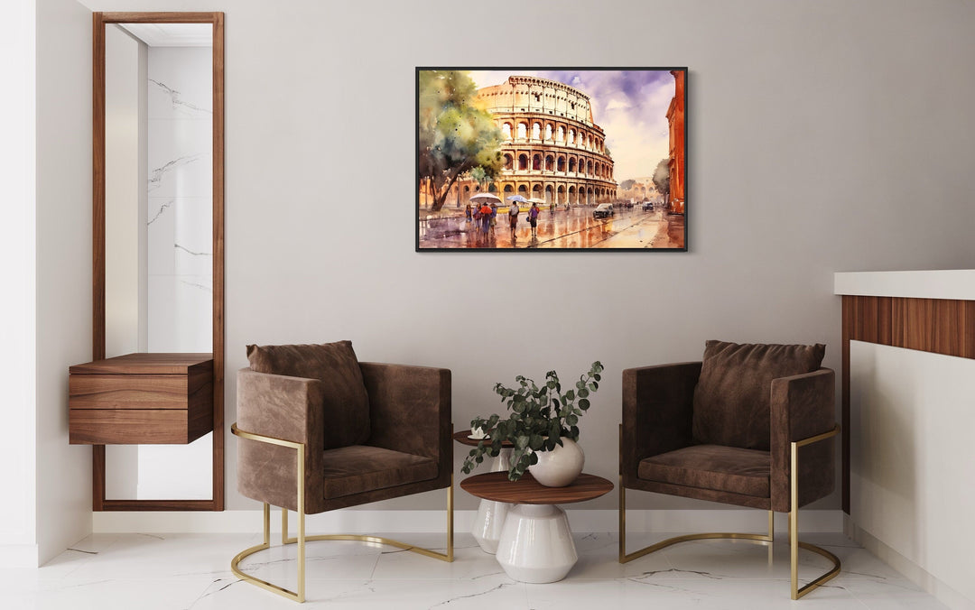 Rome Street With The Colosseum Vintage Framed Canvas Wall Art