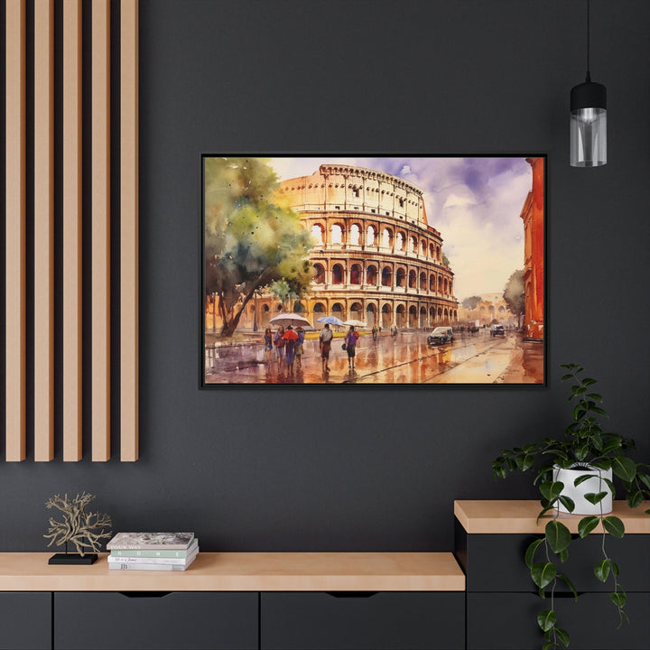 Rome Street With The Colosseum Vintage Framed Canvas Wall Art