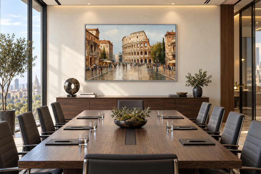 Rome Colosseum framed canvas wall art displayed in a modern office conference room.